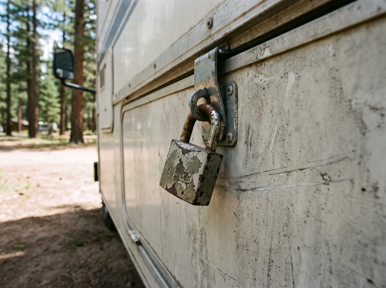 A padlock hanging closed on the latch of an RV storage compartment.