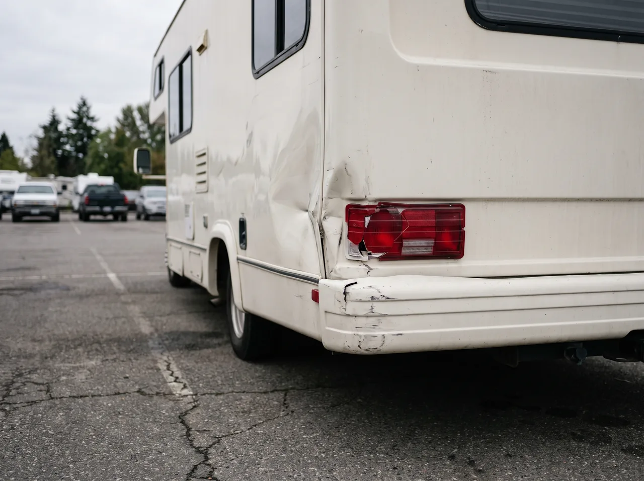 The rear corner of a motorhome in a parking lot, the panel creased and the tail light housing cracked.