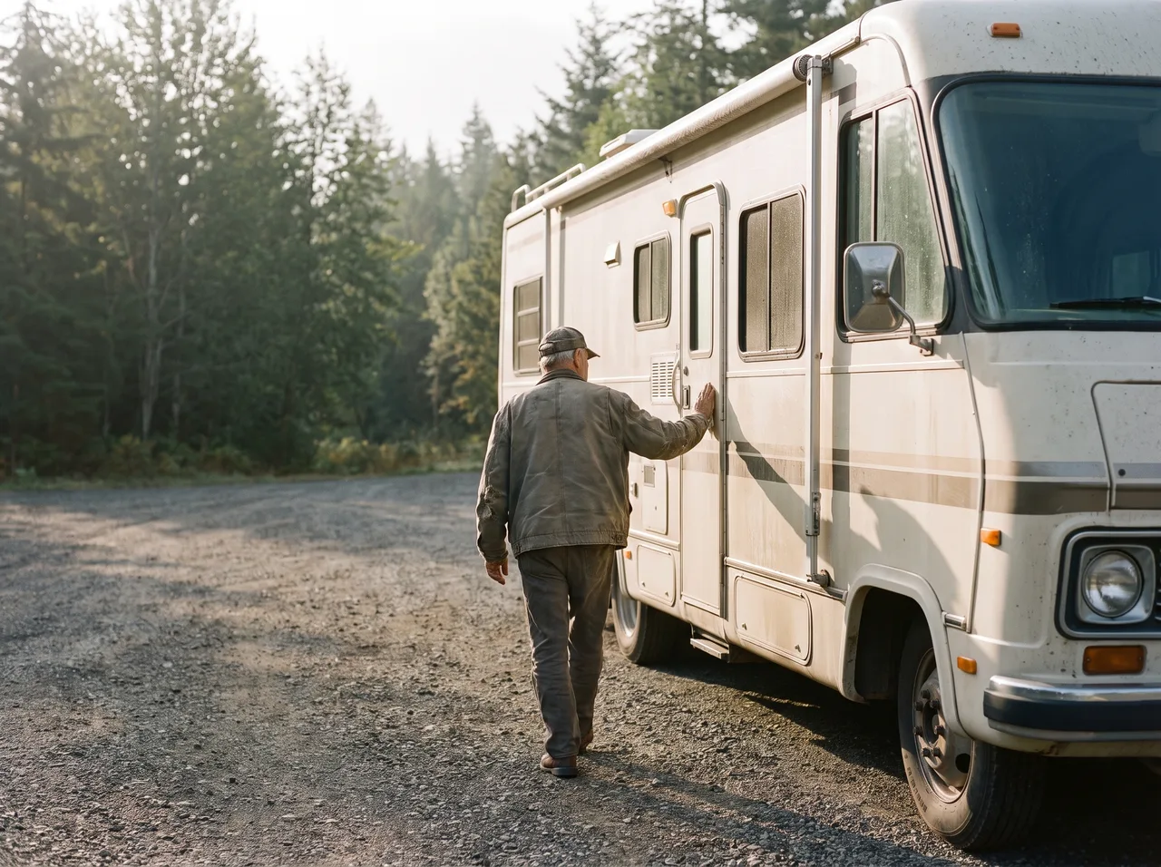A person walking the length of a parked motorhome with one hand on the body, seen from behind.