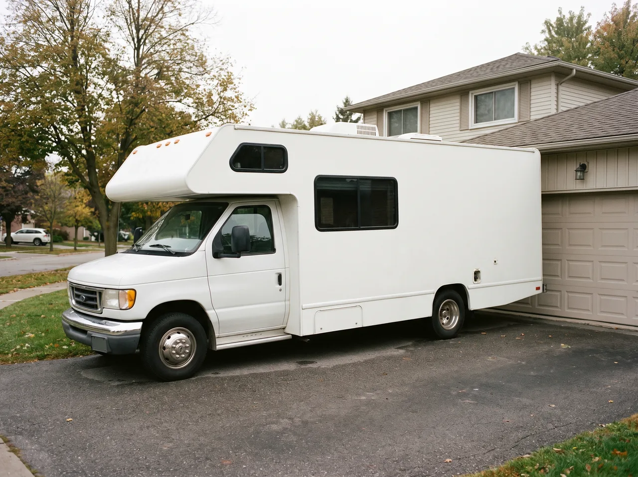 A motorhome parked in a residential driveway beside a garage door.