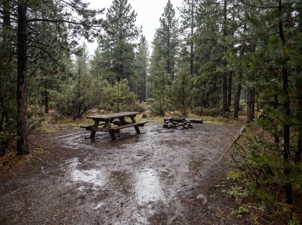 An empty campsite with a bare gravel pad and a picnic table, no vehicle parked on it.