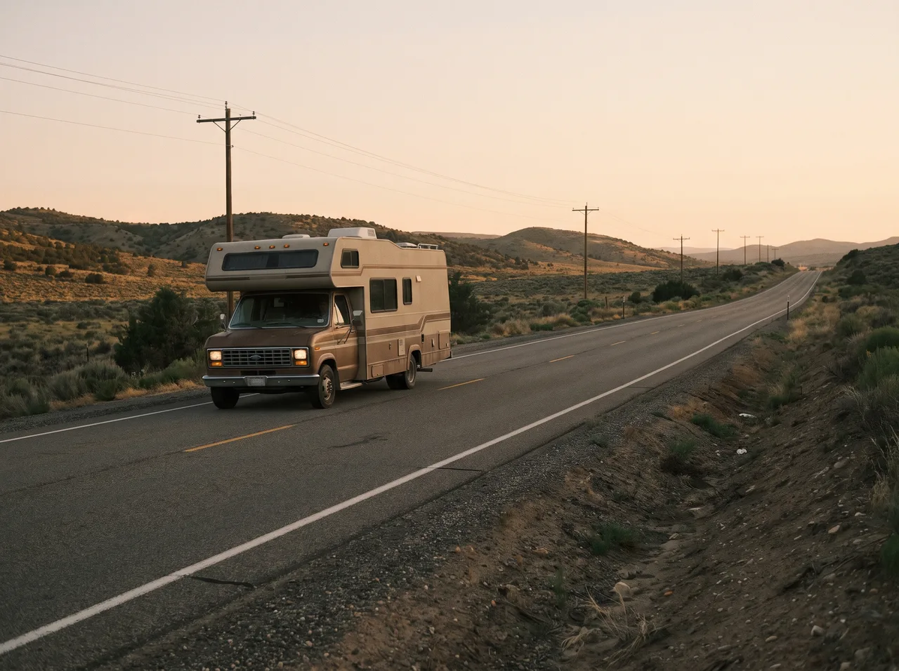 A motorhome on an open highway seen from a low roadside angle.