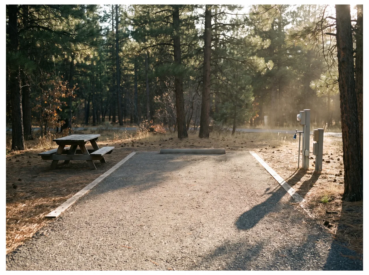 An empty pull through campground site with a gravel pad, picnic table and hookup post.