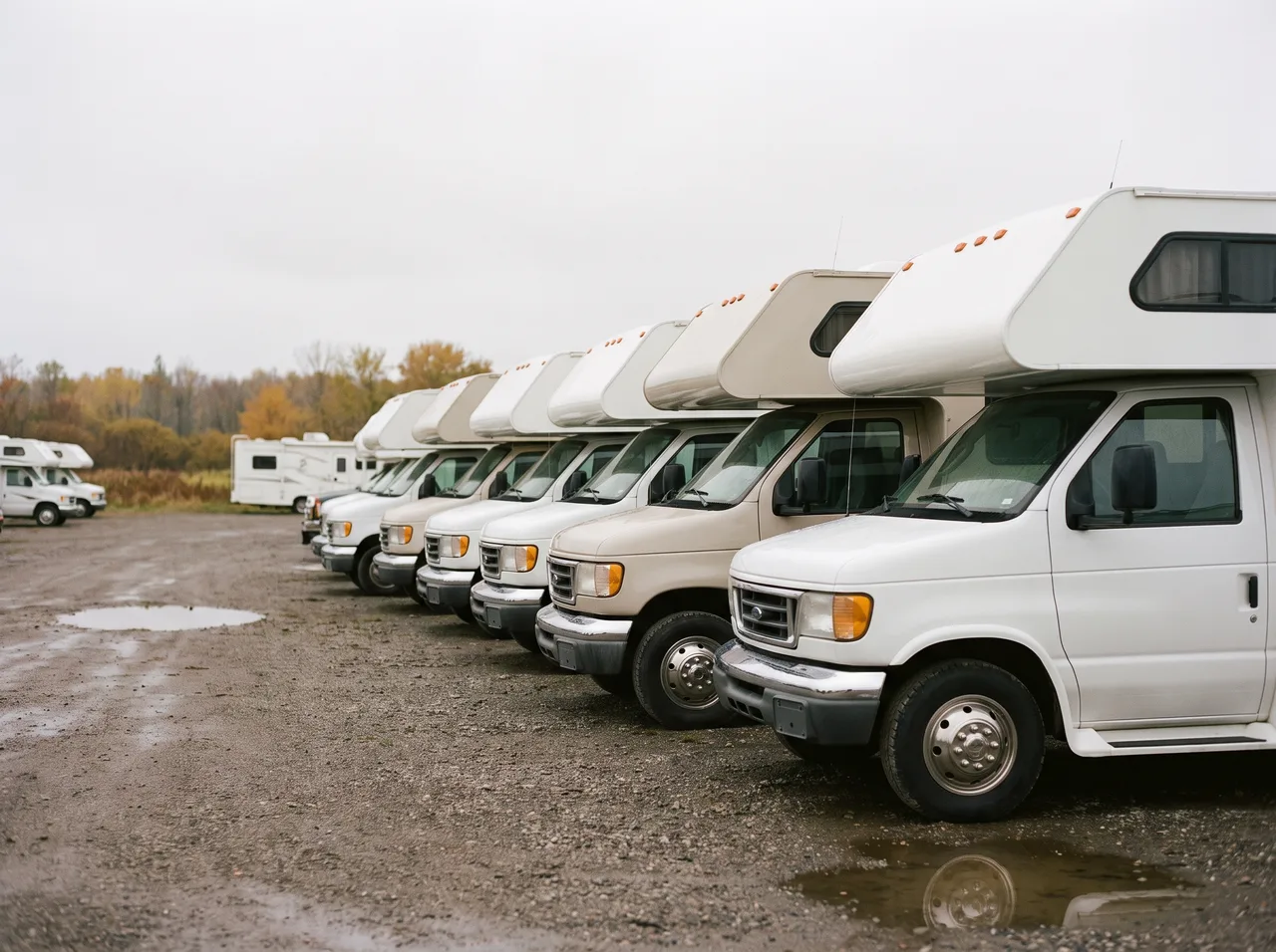 Rows of near identical motorhomes lined up in a rental fleet parking lot.