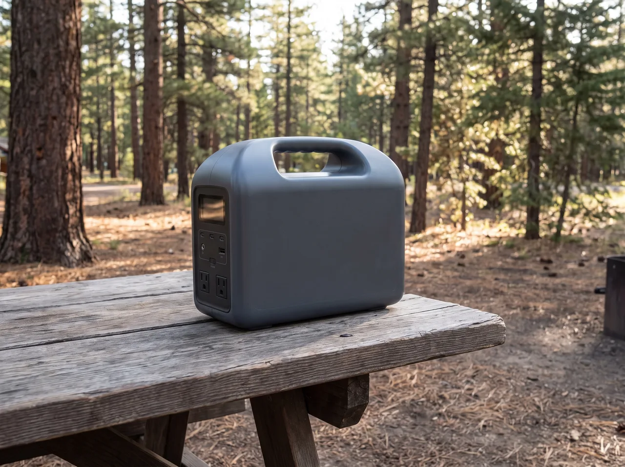 A plain portable power station standing on a picnic table at a wooded campsite.