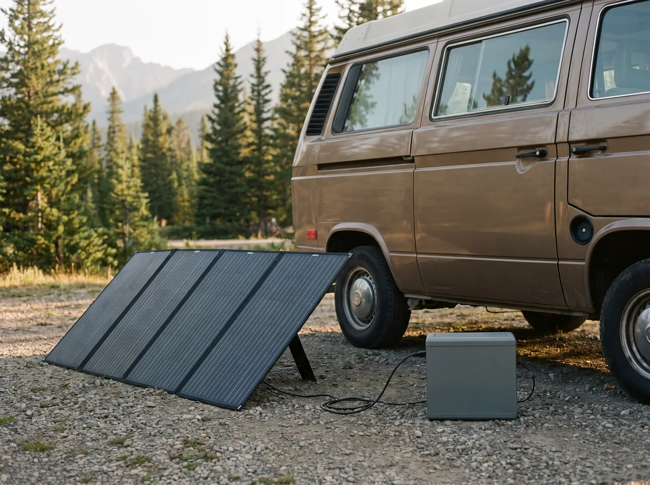 A folding solar panel set up on gravel beside a camper van, a power station on the ground at the end of its cable.
