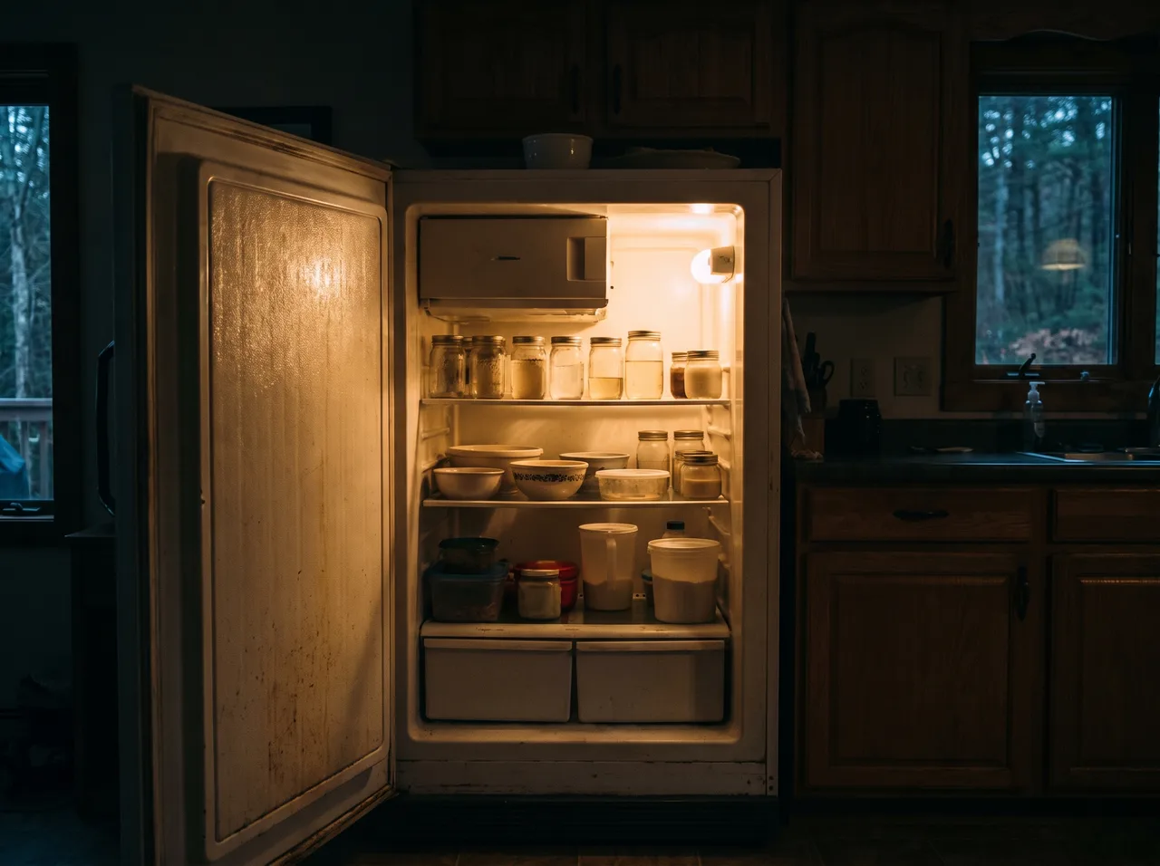 The interior of a refrigerator lit from inside in a dim kitchen, its shelves holding plain containers.