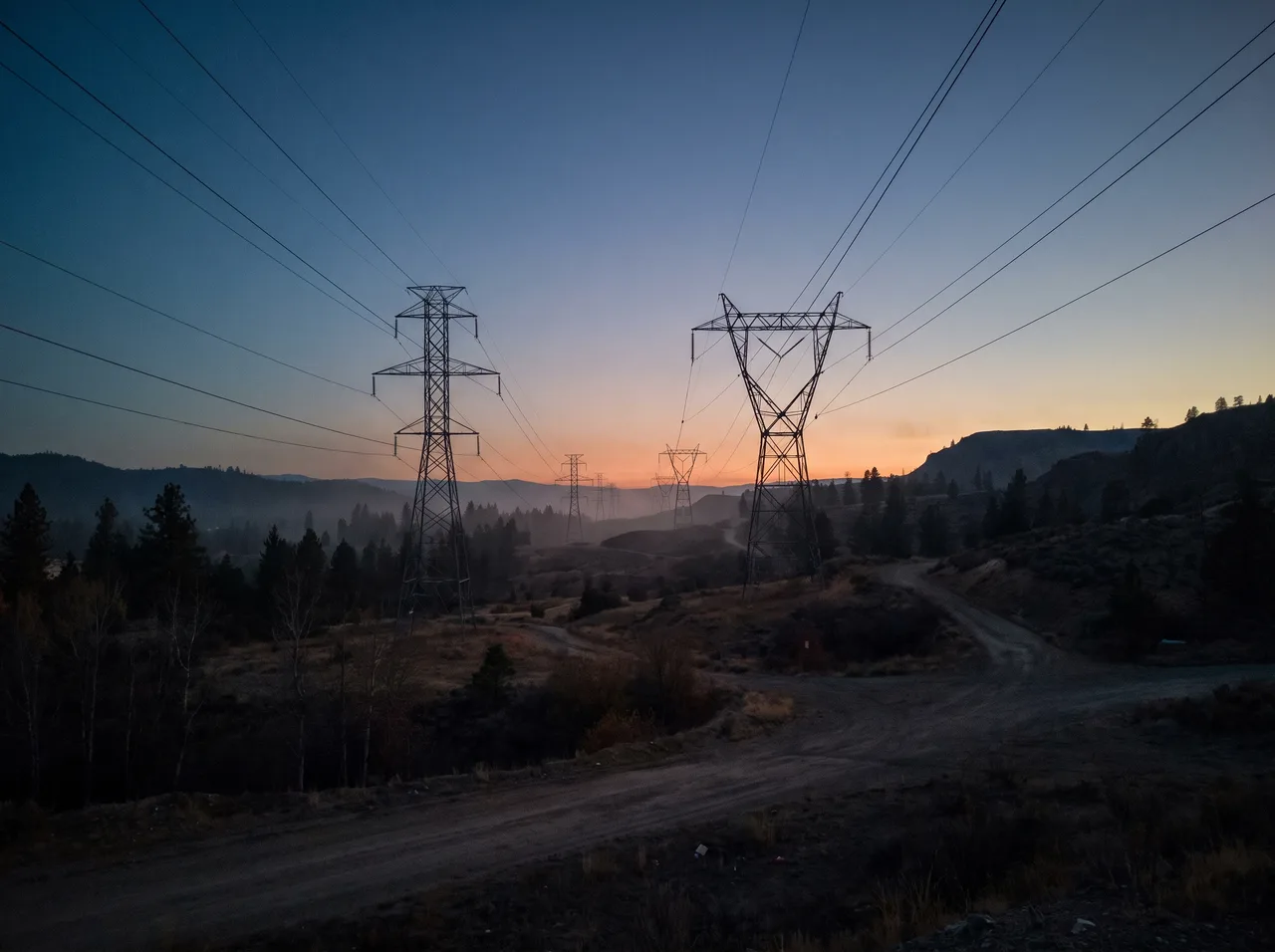 High voltage transmission lines silhouetted against a deep dusk sky.