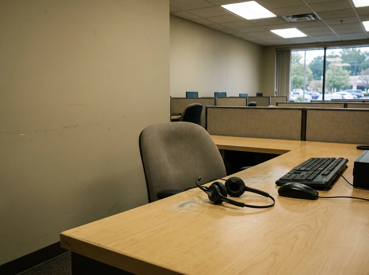 A headset resting on an empty desk in a quiet call center.