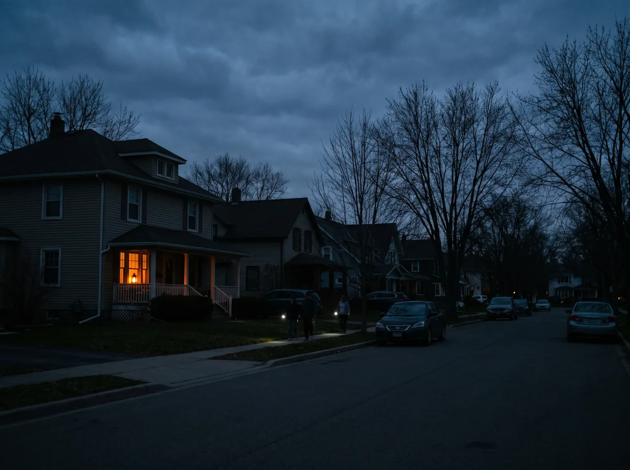 A dark suburban street during an evening power outage, one window lit from inside.