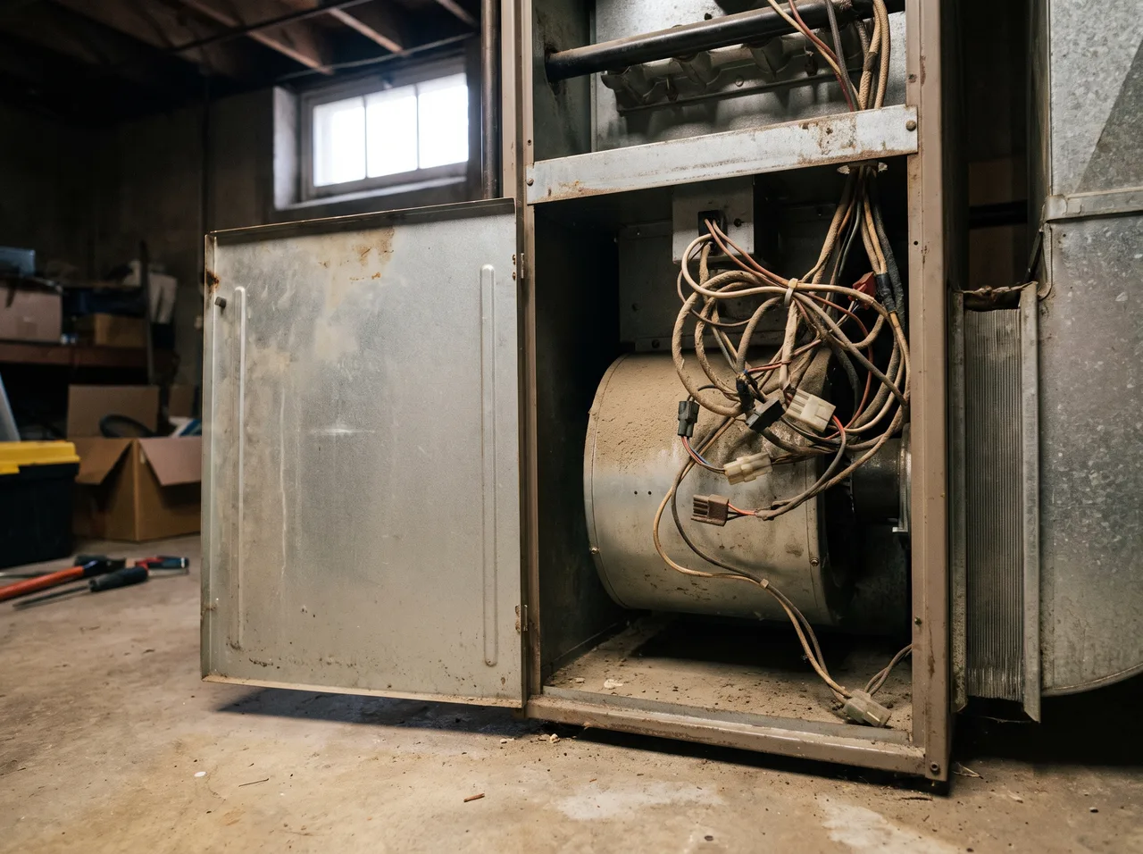 An open gas furnace cabinet showing the blower housing and the wiring running to it.