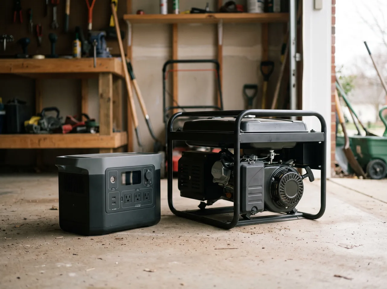A portable power station and a gas generator standing side by side on a garage floor.