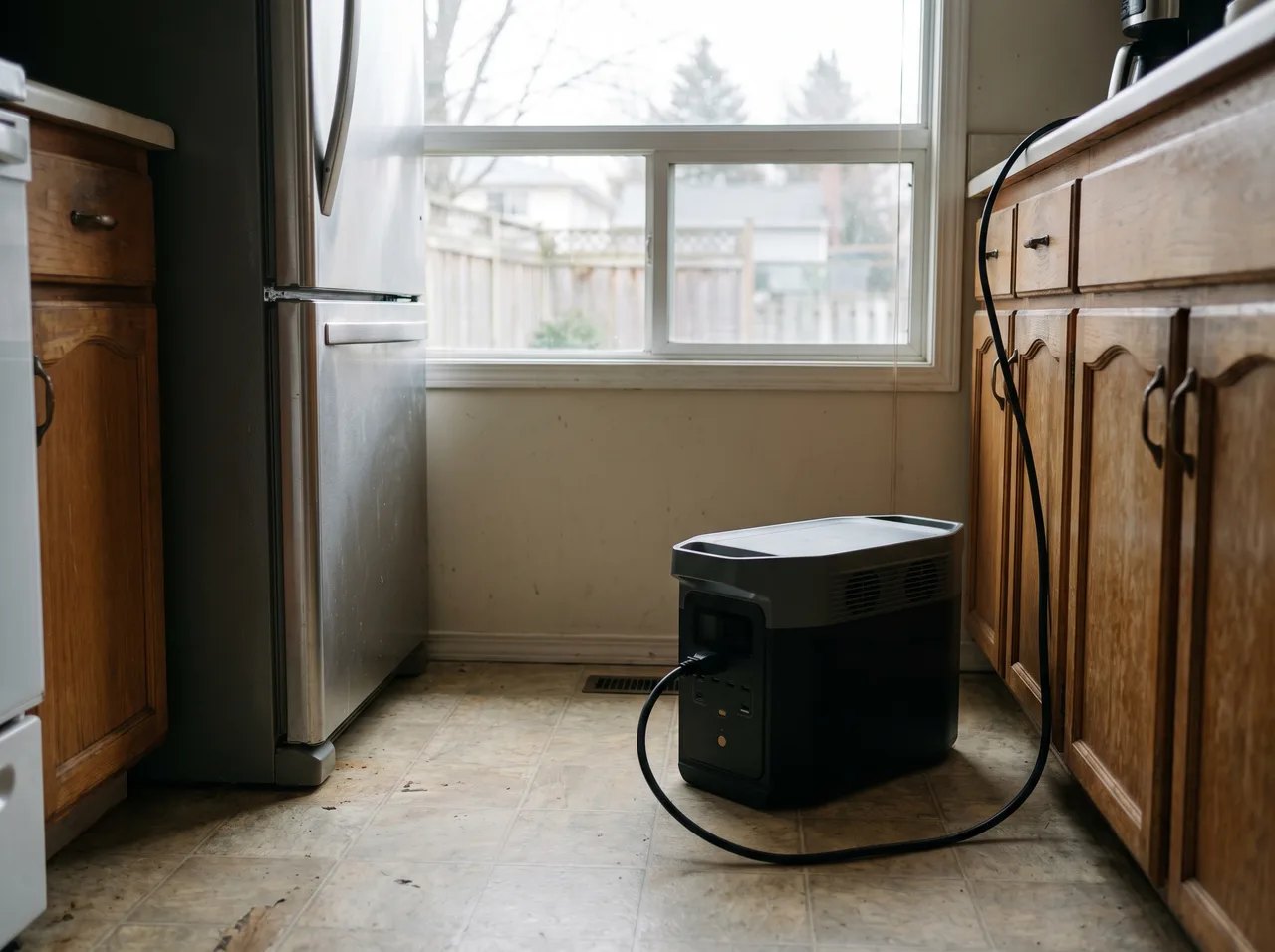 A portable power station standing on a kitchen floor beside a refrigerator, its cord running out of frame.