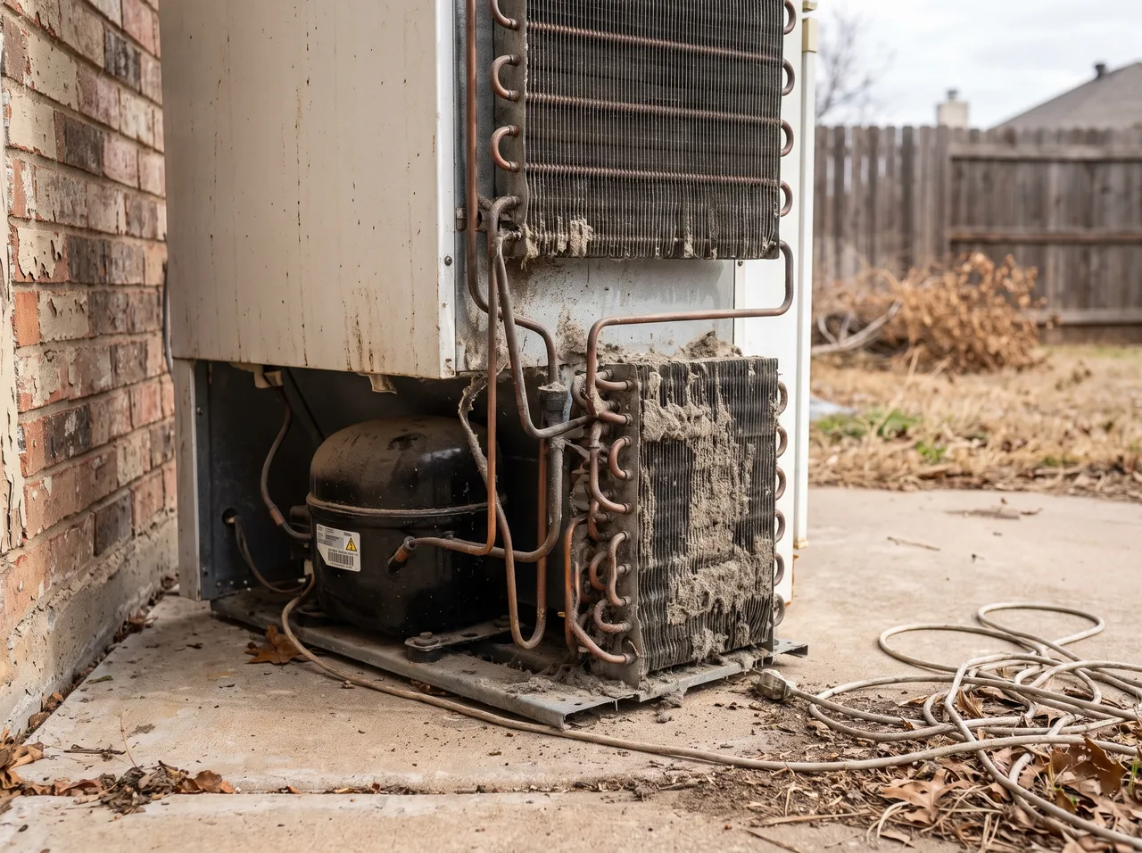 The compressor and condenser coils at the back of a refrigerator pulled out from the wall, thick with dust.