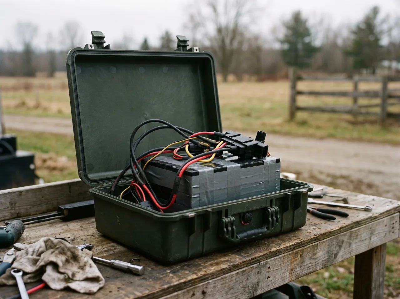 An opened equipment case on a workbench showing a battery pack and its wiring harness inside.